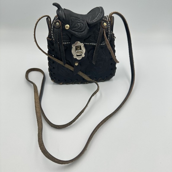 Tooled Leather Saddle Bag Western Novelty Crossbody Mini Purse Handbag Festival - Picture 1 of 14